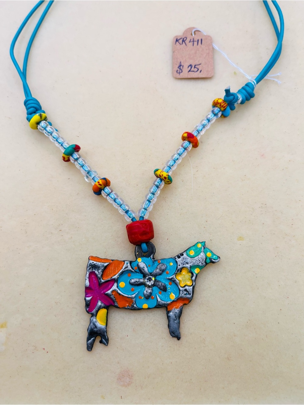 Handpainted Turquoise Cow Pendant Beaded Leather Cord Necklace by Pearly Panoply